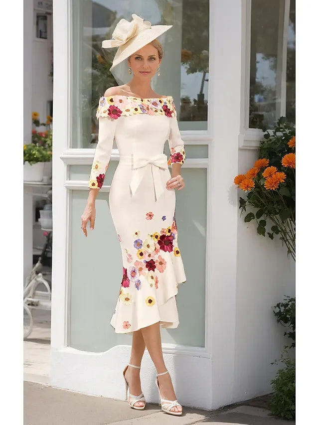Weitese Dress Sheath Formal Elegant Off Shoulder Floor Length 3/4 Length Sleeve With Bow(s) Ruched Mother of the Bride Dress