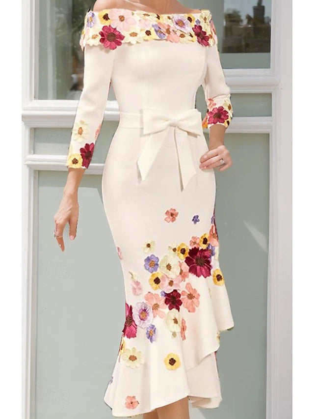 Weitese Dress Sheath Formal Elegant Off Shoulder Floor Length 3/4 Length Sleeve With Bow(s) Ruched Mother of the Bride Dress