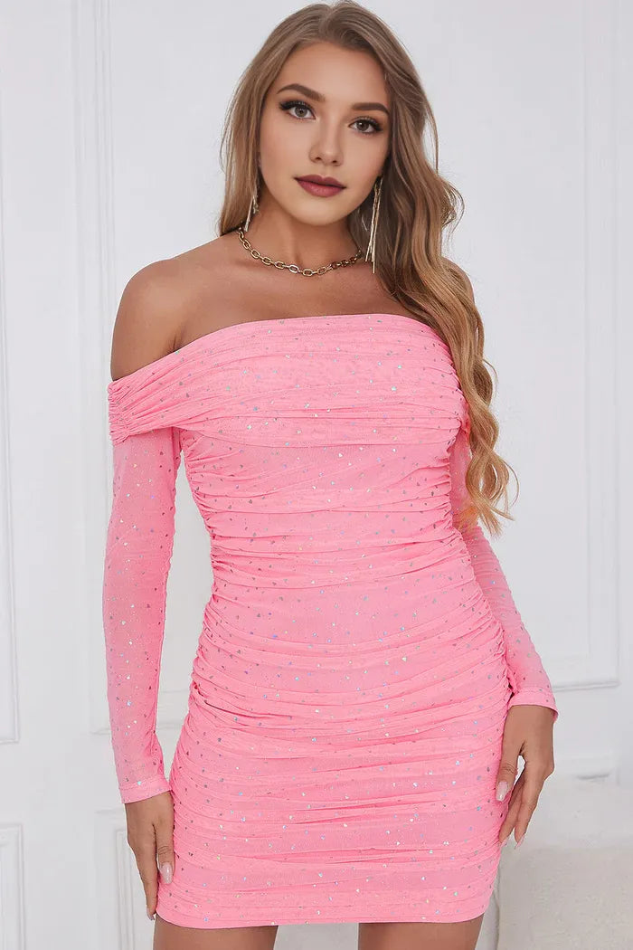 Weitese Dress Sheath Off the Shoulder Coral Short Homecoming Dress Long Sleeve Sheath Party Dress