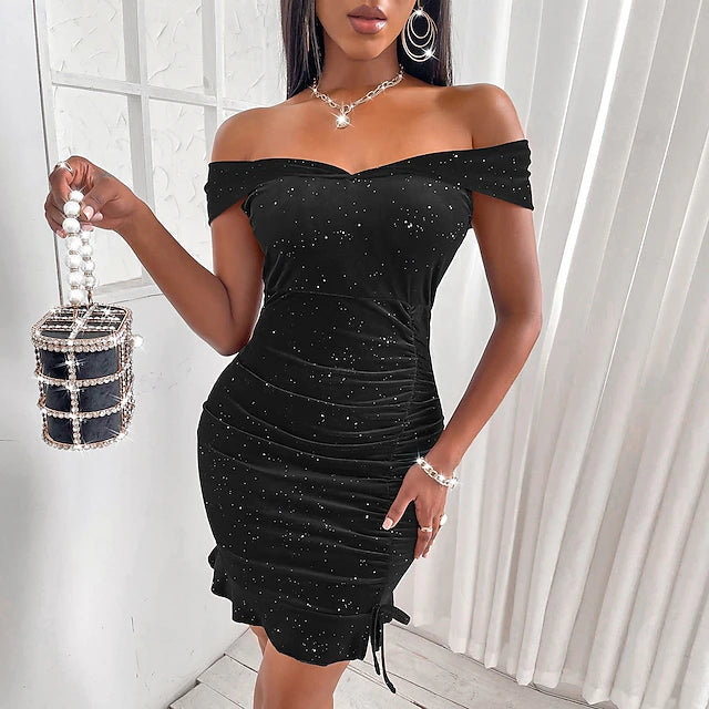 Weitese Dress Sheath Sequin Cocktail Chrismas Dress Silky Dress Prom Short / Mini Sleeveless Off Shoulder With Ruffles Homecoming Dress