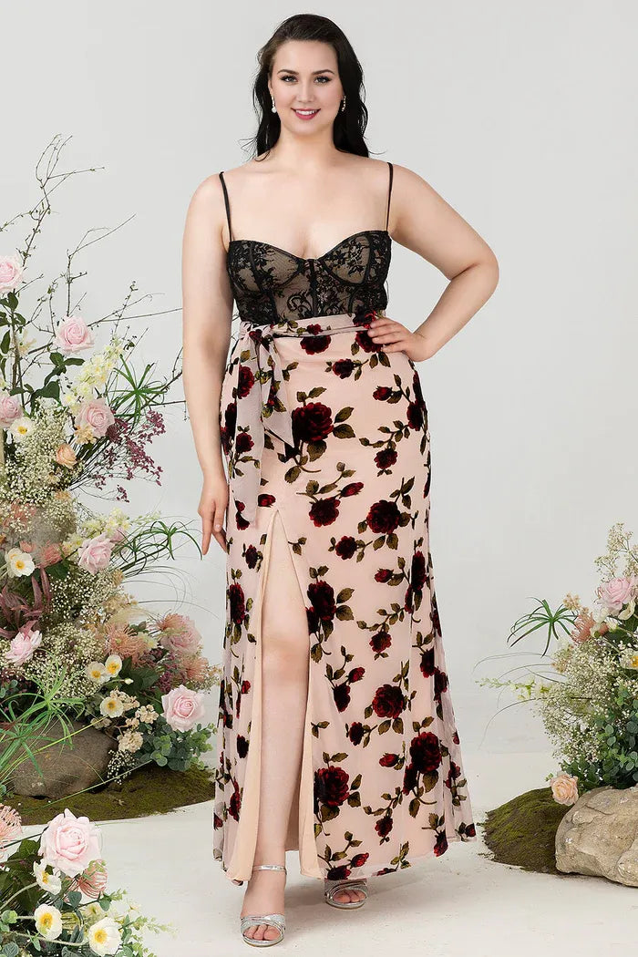 Weitese Dress Sheath Spaghetti Straps Black Floral Plus Size Wedding Guest Dress With Slit Prom Dress