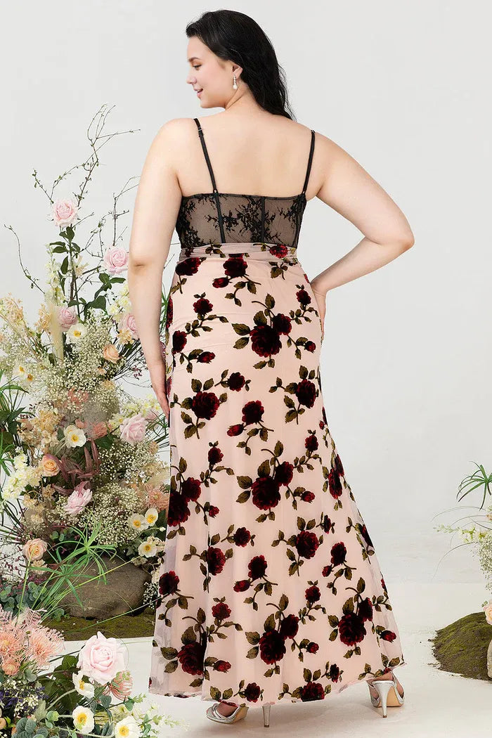 Weitese Dress Sheath Spaghetti Straps Black Floral Plus Size Wedding Guest Dress With Slit Prom Dress