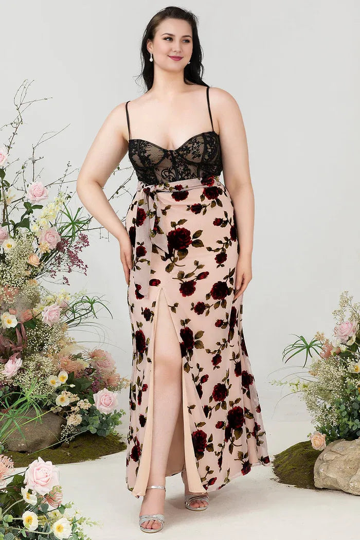 Weitese Dress Sheath Spaghetti Straps Black Floral Plus Size Wedding Guest Dress With Slit Prom Dress