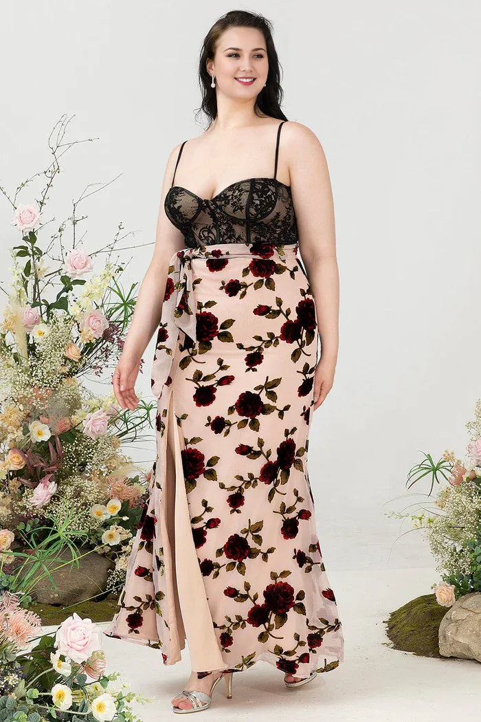 Weitese Dress Sheath Spaghetti Straps Black Floral Plus Size Wedding Guest Dress With Slit Prom Dress