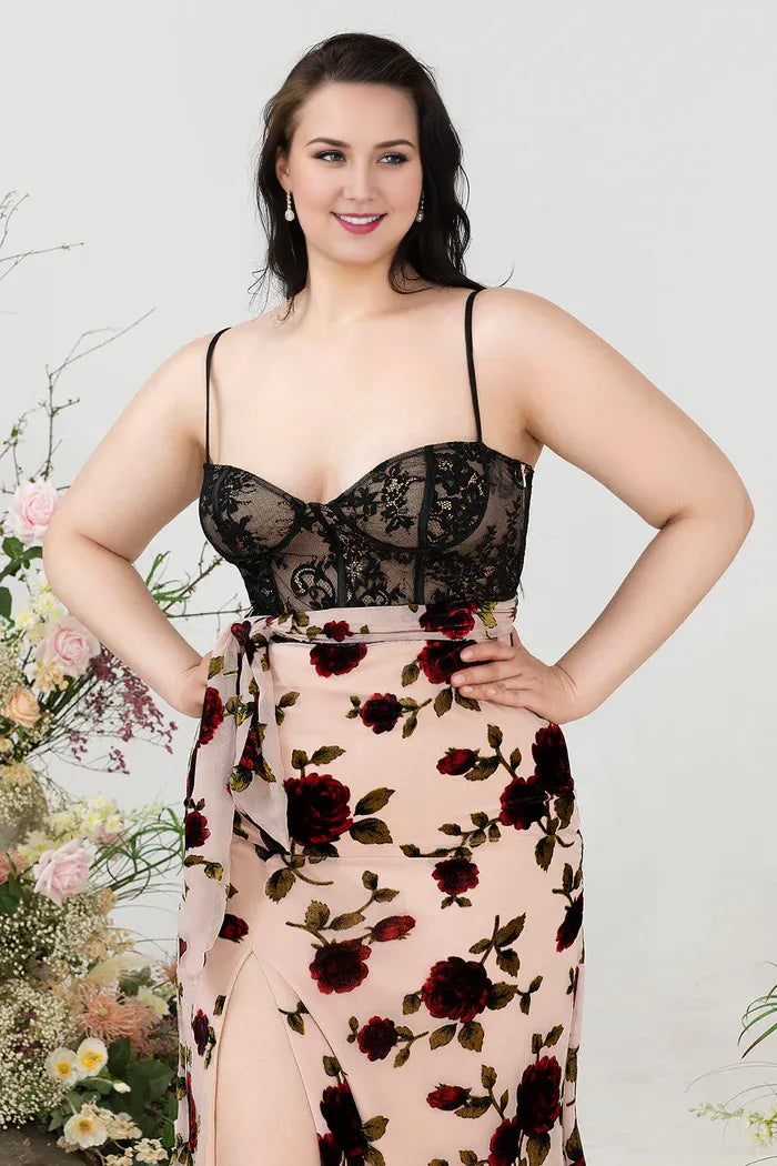 Weitese Dress Sheath Spaghetti Straps Black Floral Plus Size Wedding Guest Dress With Slit Prom Dress