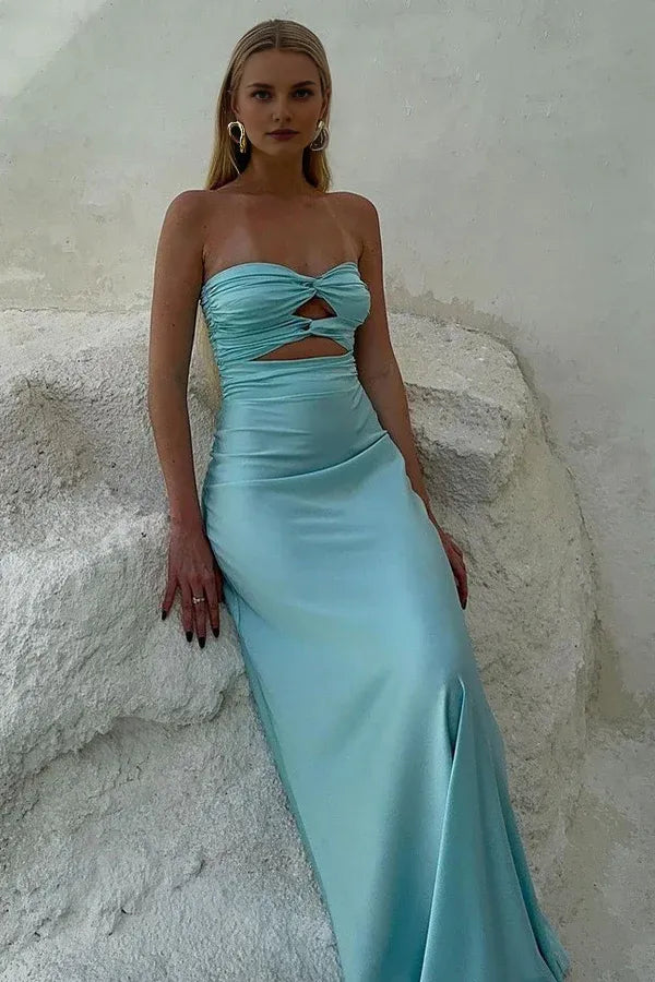 Vestido Weitese de fiesta largo azul Tiffany sin tirantes 
