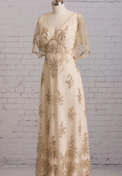 Weitese Dress Sheath With Illusion Butterfly Sleeves V Back Goldline Embroidery Brush Train Dress Wedding Dress