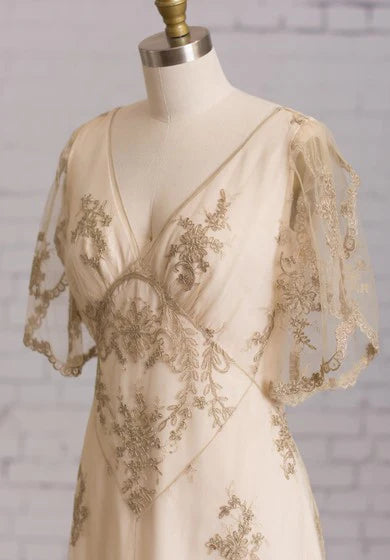 Weitese Dress Sheath With Illusion Butterfly Sleeves V Back Goldline Embroidery Brush Train Dress Wedding Dress