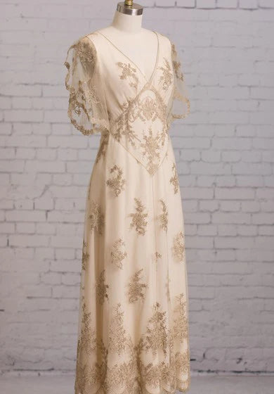 Weitese Dress Sheath With Illusion Butterfly Sleeves V Back Goldline Embroidery Brush Train Dress Wedding Dress