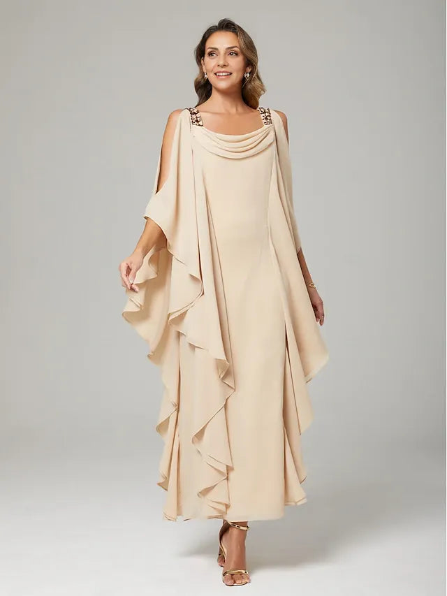 Weitese Dress Sheath&Column Mother of the Bride Dress Wedding Guest Elegant Crew Neck Floor Length Chiffon Half Sleeve With Beading Cascading Ruffles