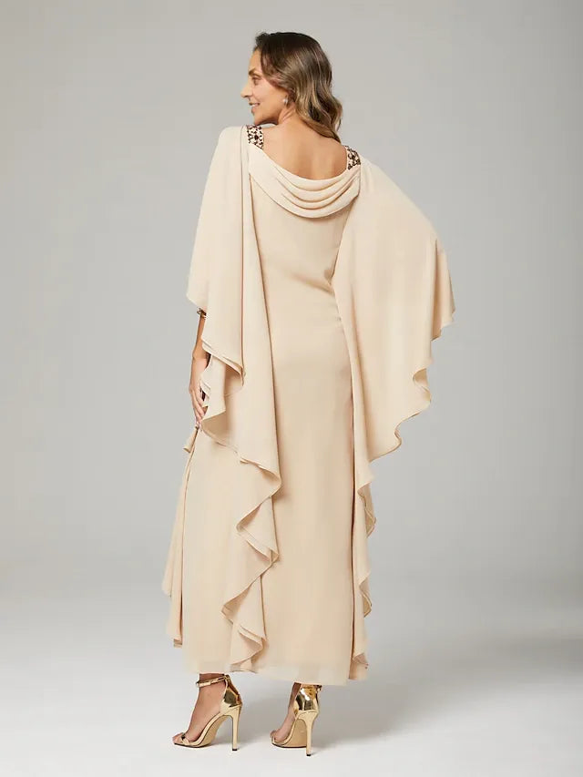 Weitese Dress Sheath&Column Mother of the Bride Dress Wedding Guest Elegant Crew Neck Floor Length Chiffon Half Sleeve With Beading Cascading Ruffles