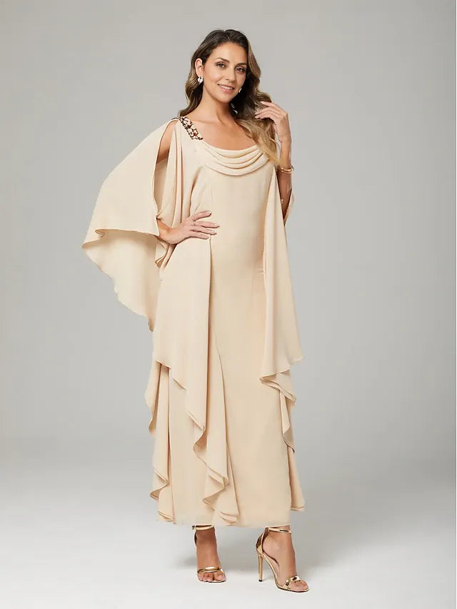 Weitese Dress Sheath&Column Mother of the Bride Dress Wedding Guest Elegant Crew Neck Floor Length Chiffon Half Sleeve With Beading Cascading Ruffles