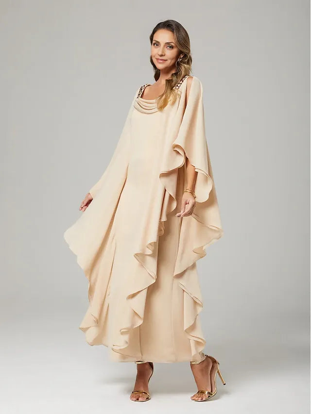 Weitese Dress Sheath&Column Mother of the Bride Dress Wedding Guest Elegant Crew Neck Floor Length Chiffon Half Sleeve With Beading Cascading Ruffles