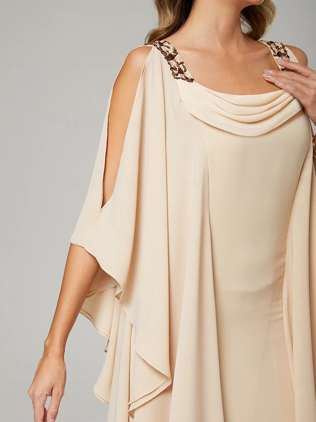 Weitese Dress Sheath&Column Mother of the Bride Dress Wedding Guest Elegant Crew Neck Floor Length Chiffon Half Sleeve With Beading Cascading Ruffles