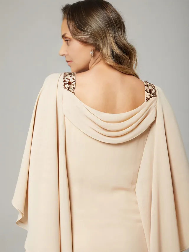 Weitese Dress Sheath&Column Mother of the Bride Dress Wedding Guest Elegant Crew Neck Floor Length Chiffon Half Sleeve With Beading Cascading Ruffles