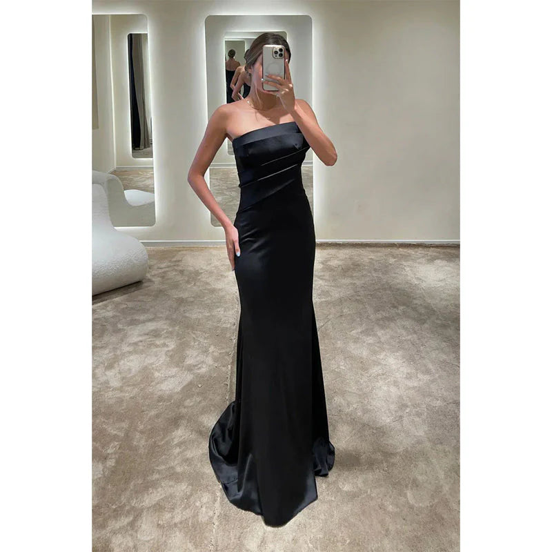 Vestido Weitese de satén con escote en V y pliegues, largo, formal, de noche y fiesta. 