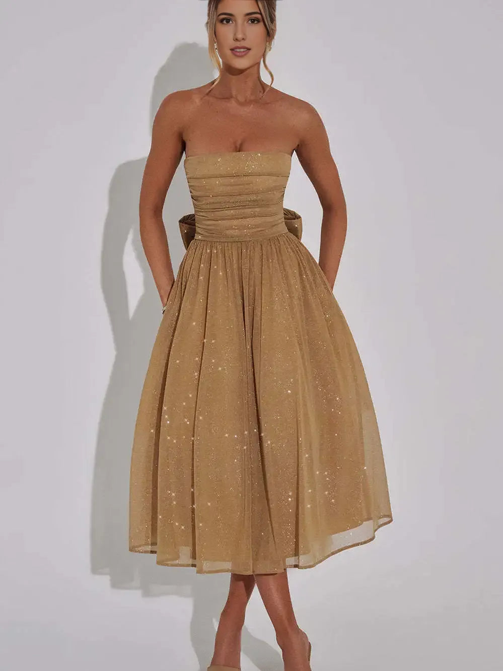 Weitese Dress Sheer Sequin Black Back Bow Tube Flare Midi Dress Party Dress Off-the-Shoulder Tea-Length Khaki Prom Dress