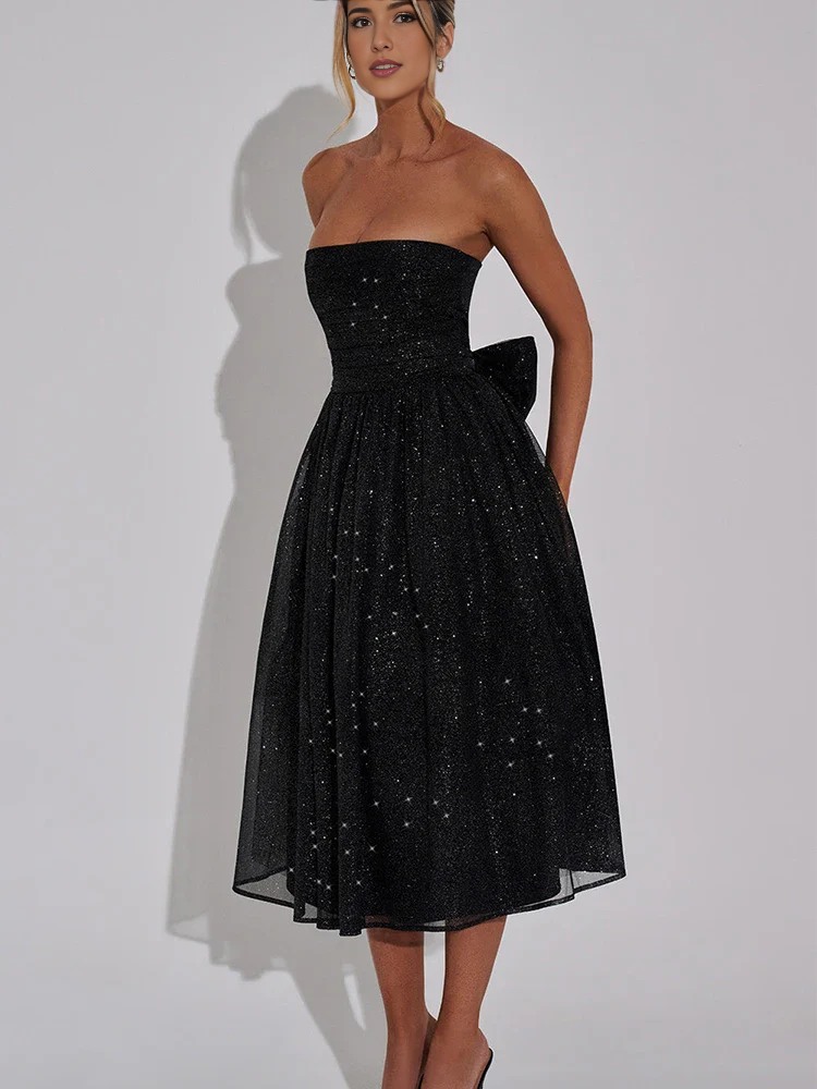 Weitese Dress Sheer Sequin Black Back Bow Tube Flare Midi Dress Party Dress Off-the-Shoulder Tea-Length Khaki Prom Dress