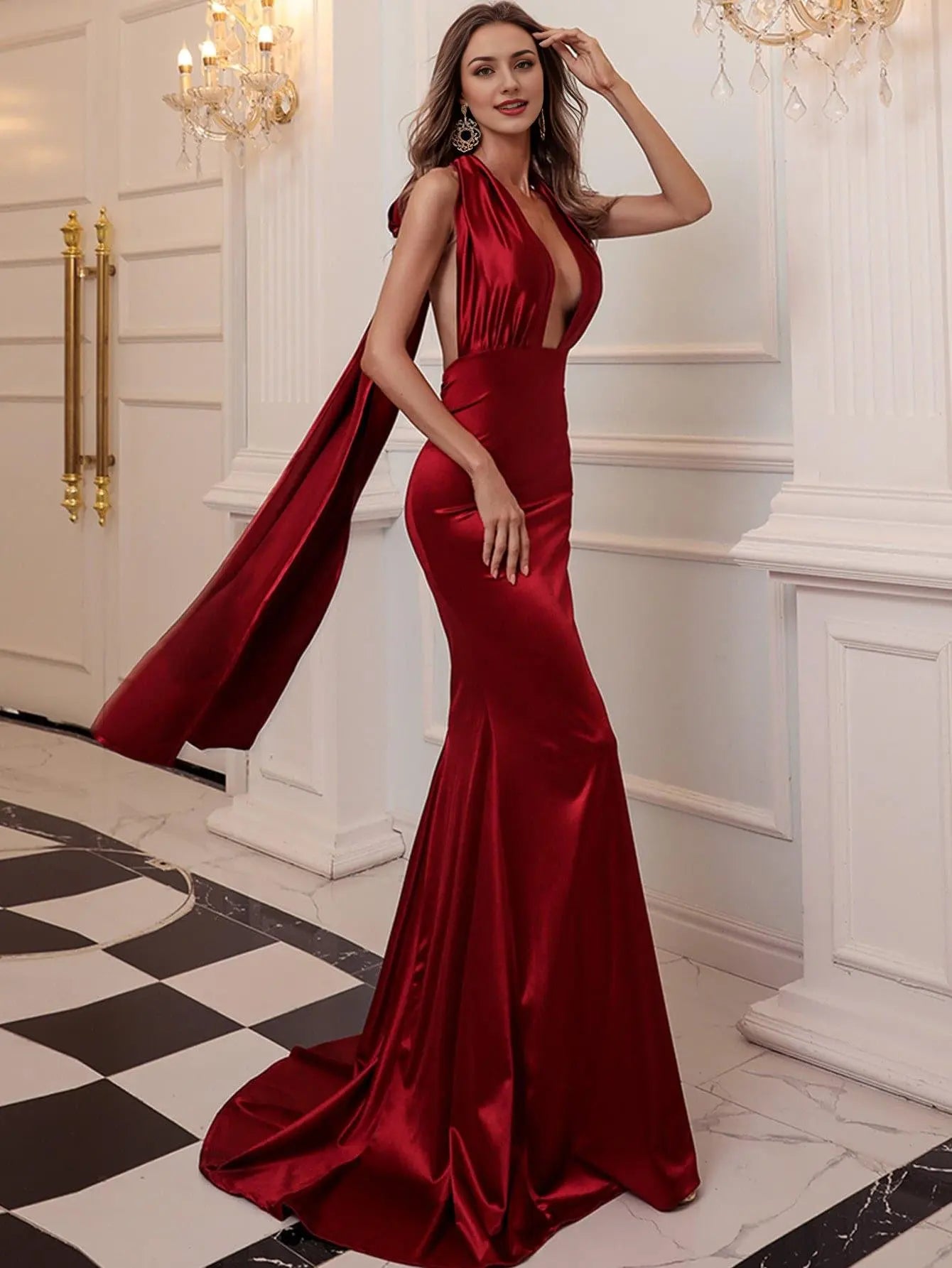 Weitese Dress Shining Halter V Neck Red Mermaid Sweep/Brush Train Sleeveless Prom Dress With Backless