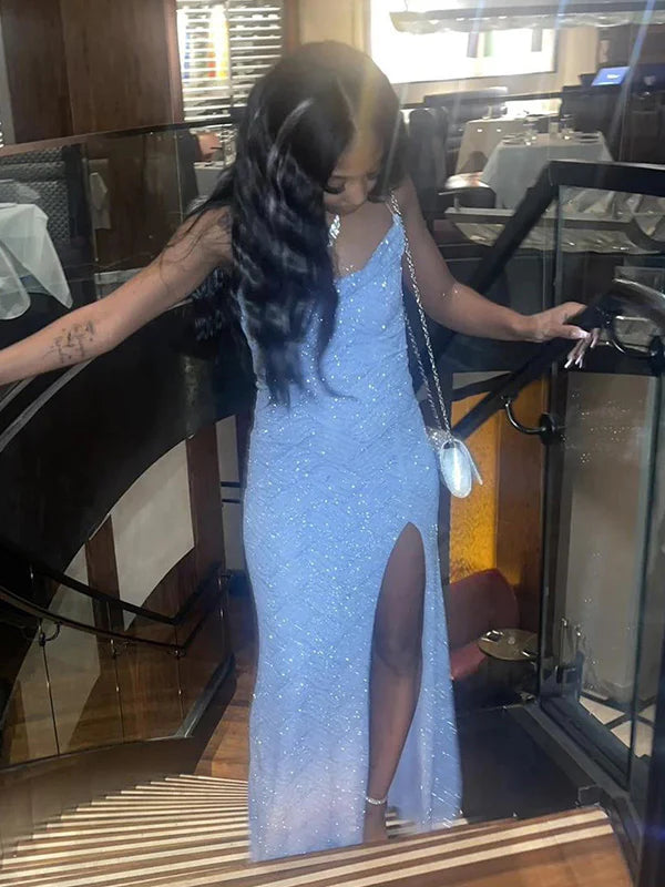 Weitese Dress Shiny Spaghetti Strap Sleeveless Mermaid Sequin Long Evening Prom Dresses Party Dresses