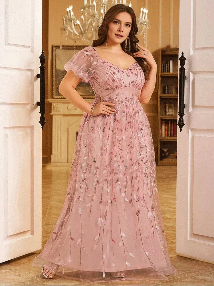 Weitese Dress Short Sleeve Pink A-line Sequined Leaf Shiny Floor-Length Evening Dress Big Size Bridesmaid Evening Dress Women Prom Mom Dress