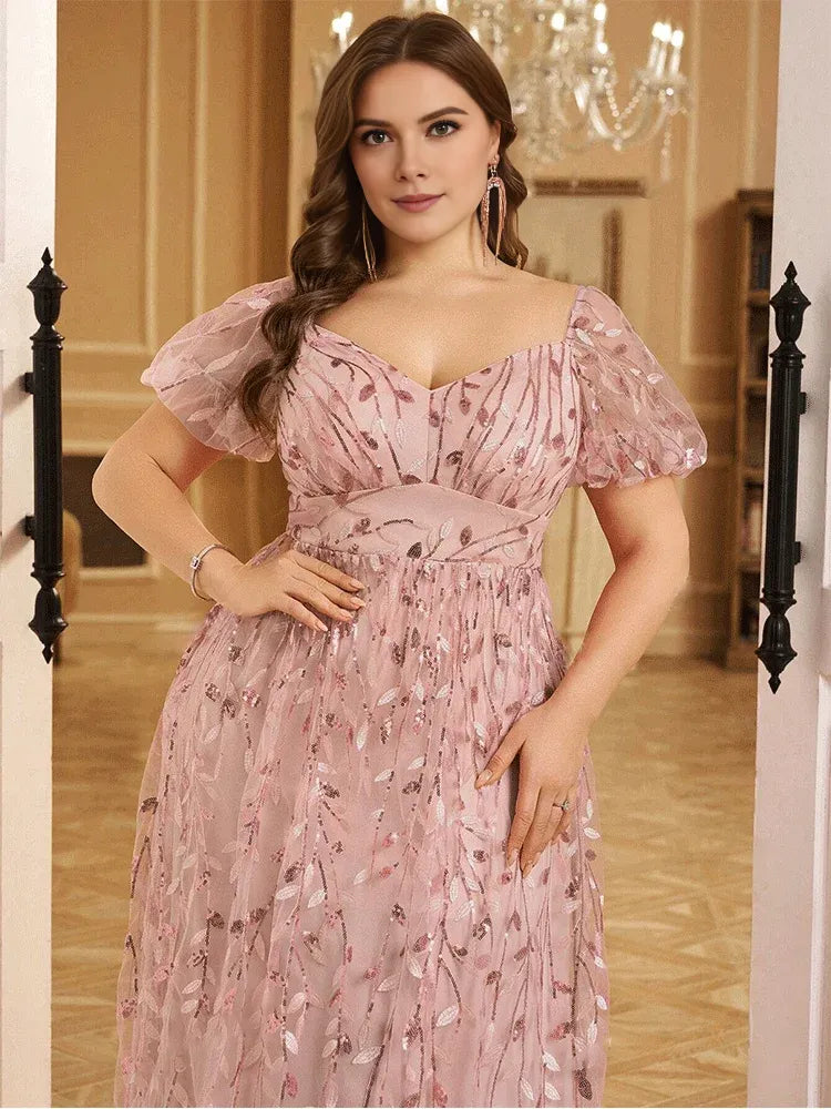 Weitese Dress Short Sleeve Pink A-line Sequined Leaf Shiny Floor-Length Evening Dress Big Size Bridesmaid Evening Dress Women Prom Mom Dress