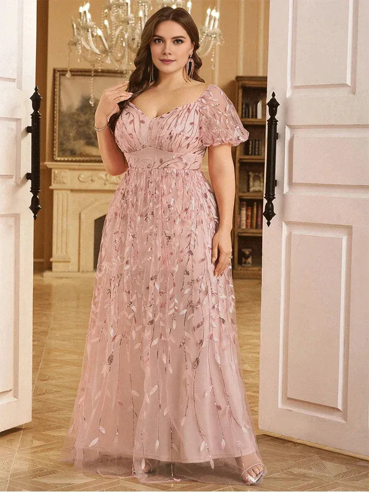 Weitese Dress Short Sleeve Pink A-line Sequined Leaf Shiny Floor-Length Evening Dress Big Size Bridesmaid Evening Dress Women Prom Mom Dress