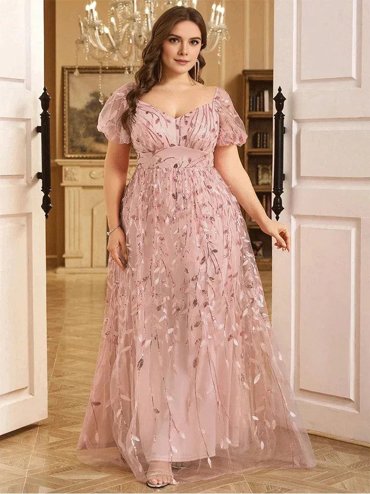Weitese Dress Short Sleeve Pink A-line Sequined Leaf Shiny Floor-Length Evening Dress Big Size Bridesmaid Evening Dress Women Prom Mom Dress