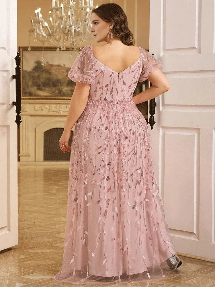 Weitese Dress Short Sleeve Pink A-line Sequined Leaf Shiny Floor-Length Evening Dress Big Size Bridesmaid Evening Dress Women Prom Mom Dress