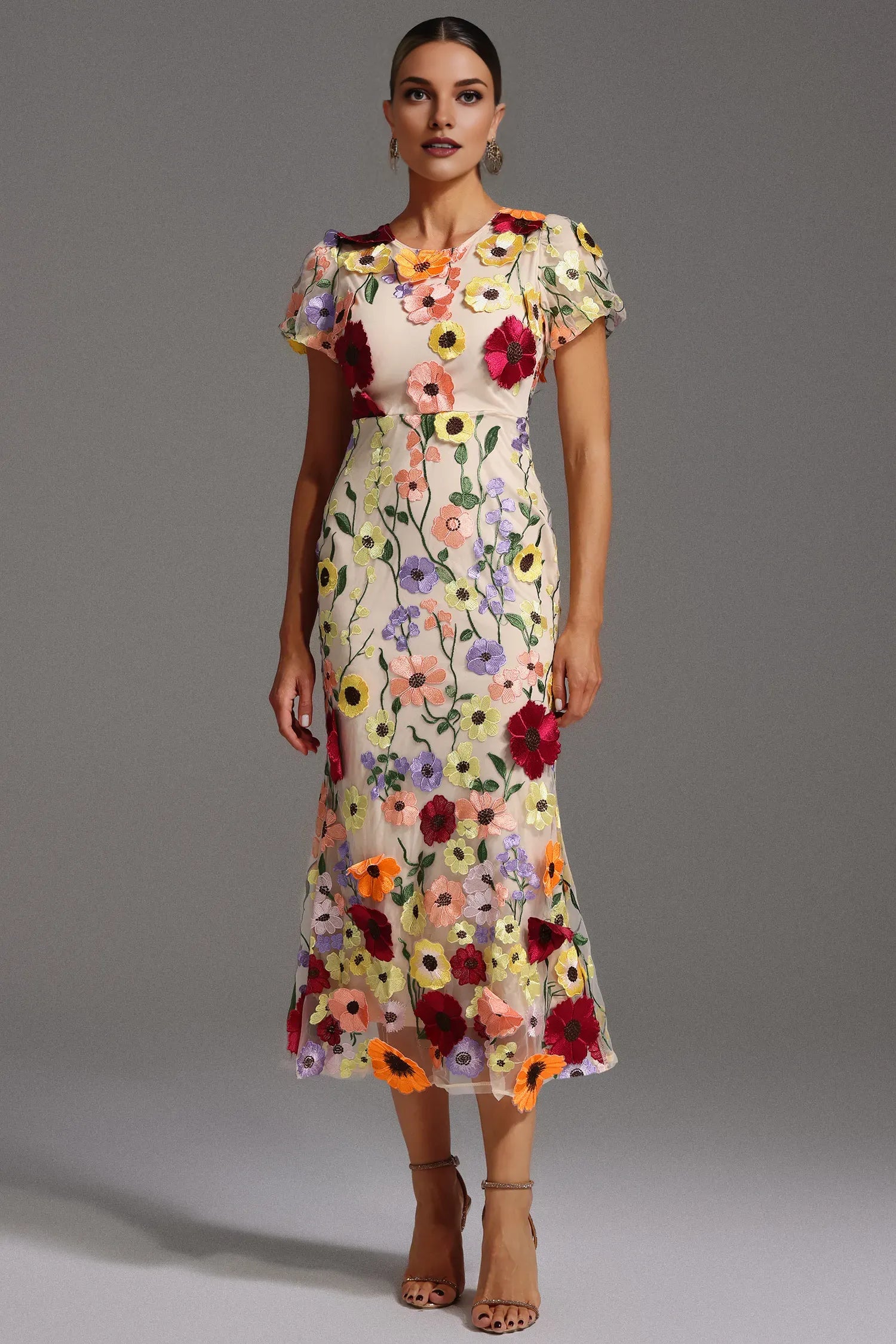 Weitese Dress Short Sleeve Round Neck 3D Flowers Midi Dress Bodycon Elegant Prom Dress