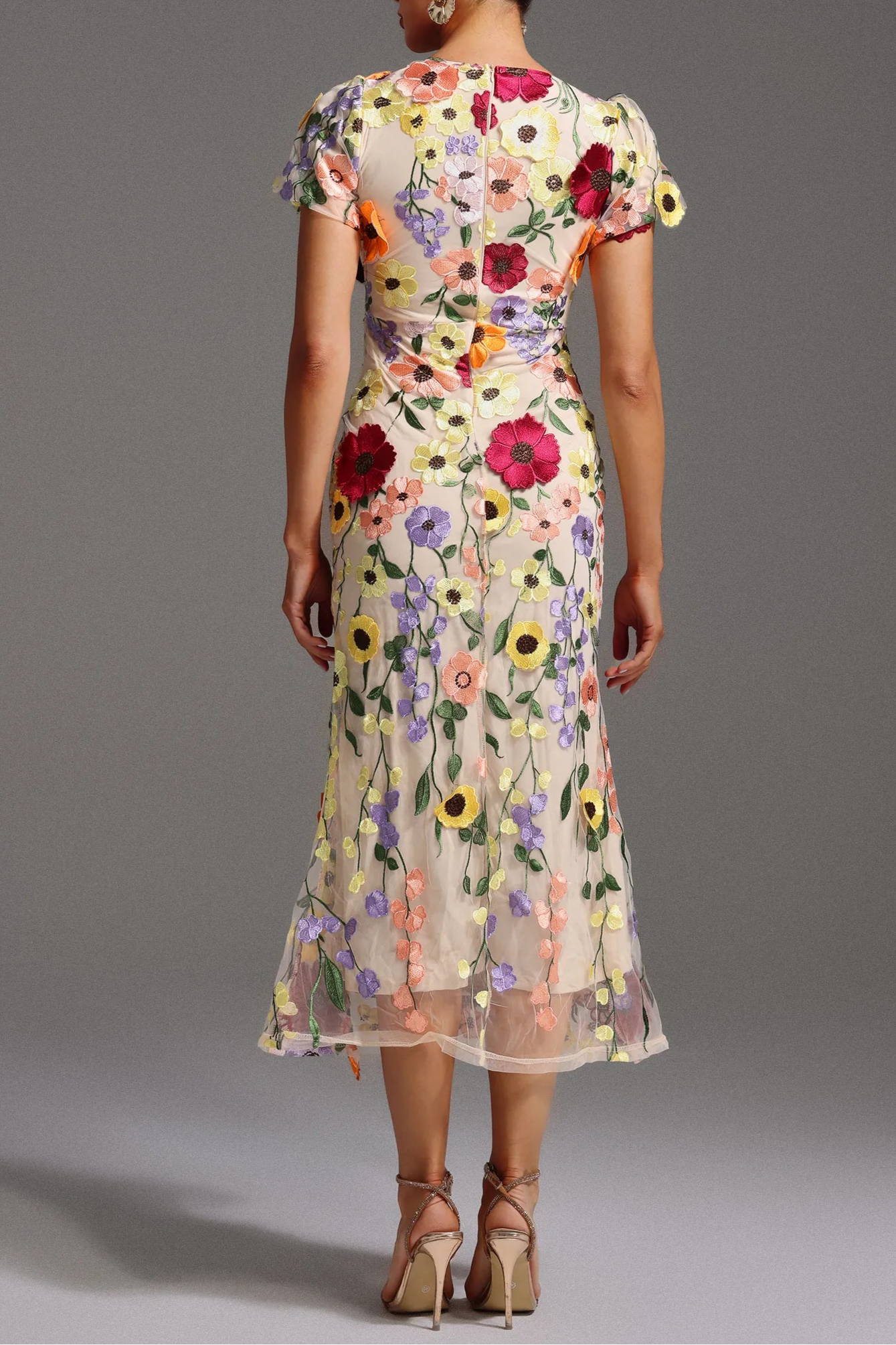 Vestido Weitese de manga corta con cuello redondo y flores 3D, vestido midi ajustado y elegante para fiesta de graduación. 