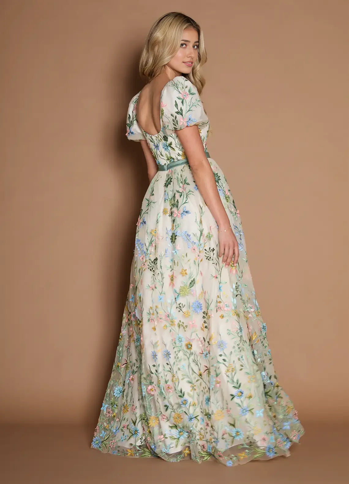 Weitese Dress Short Sleeves V Neck Elegant Maxi Dress Prom Dress Backless Romantic Flower A-Line Evening Dress