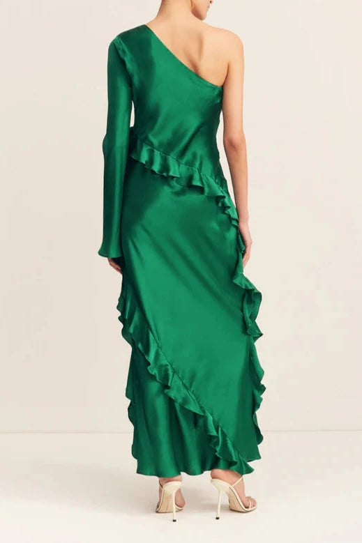 Vestido largo Weitese de seda asimétrico con un hombro al descubierto y volantes, color verde esmeralda, largo hasta los tobillos, para fiesta y noche. 