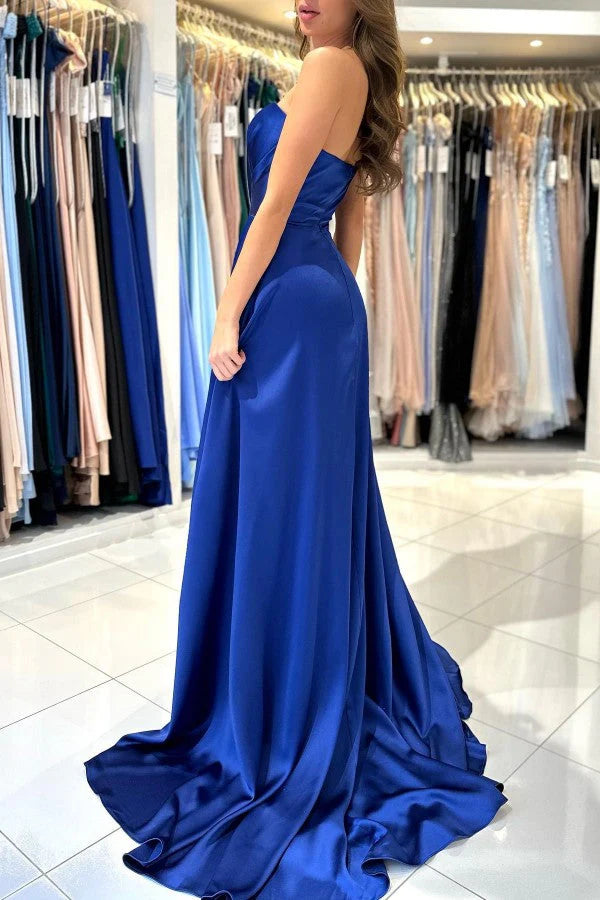 Weitese Dress Simple A-line Royal Blue Sleeveless Sweetheart Party Dress Split Satin Long Prom Dress