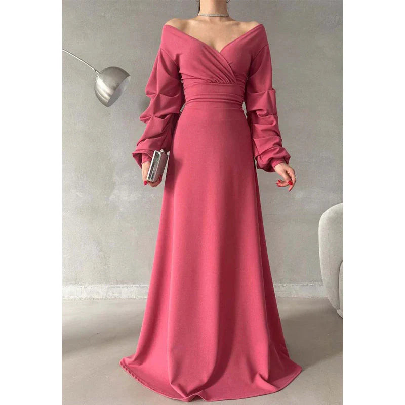 Vestido Weitese sencillo de corte A, escote en V, hombros descubiertos, mangas abullonadas, vestido largo de fiesta para graduación 