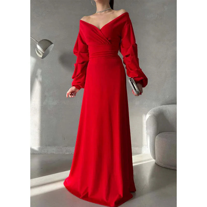 Vestido Weitese sencillo de corte A, escote en V, hombros descubiertos, mangas abullonadas, vestido largo de fiesta para graduación 