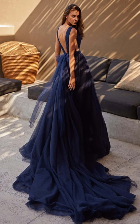 Weitese Dress Simple A Line Plunging Neck Evening Dress with Split Front Prom Dress  Formal Wear Dresses