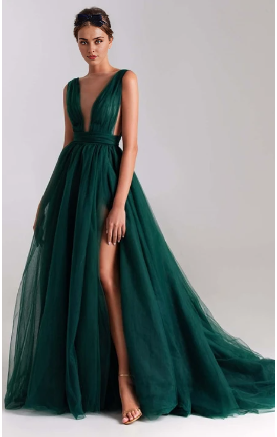 Weitese Dress Simple A Line Plunging Neck Evening Dress with Split Front Prom Dress  Formal Wear Dresses