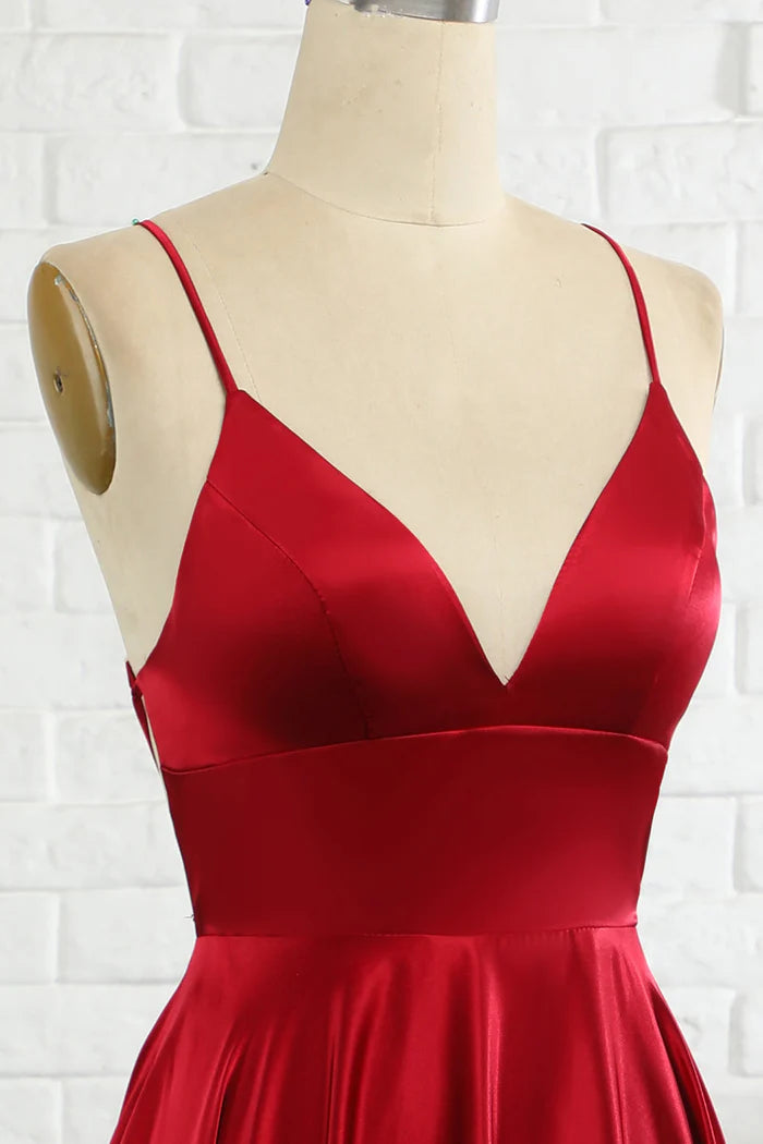 Vestido Weitese sencillo de corte A con tirantes finos, color burdeos, largo para dama de honor con espalda cruzada, vestido de fiesta