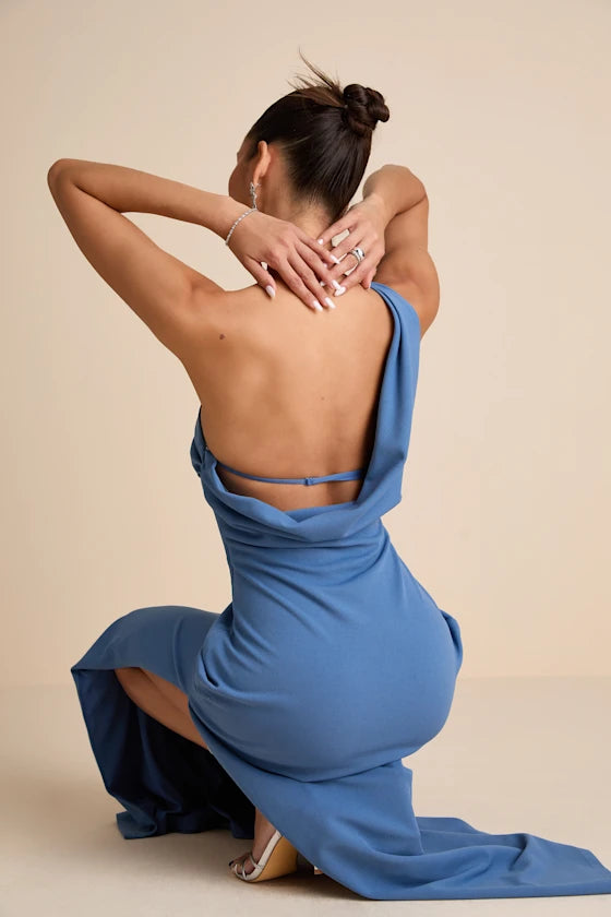 Weitese Dress Simple Asymmetrical Straps Cowl Back Maxi Dress Evening Dress Column Sleeveless Prom Dress With Slit