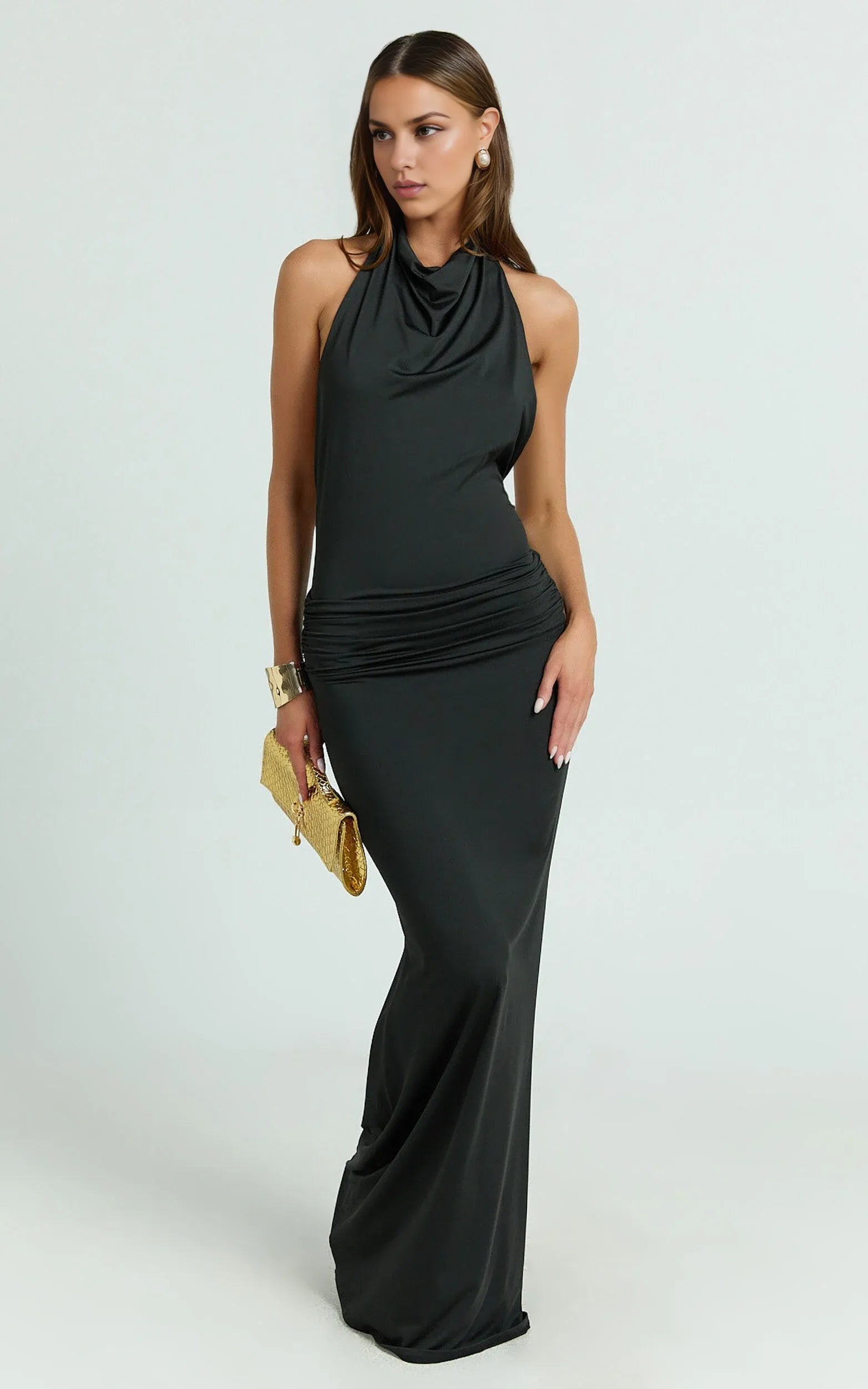 Weitese Dress Simple Backless Ruched Bodycon Maxi Dress Black Trumpet Sleeveless Backless Evening Dress