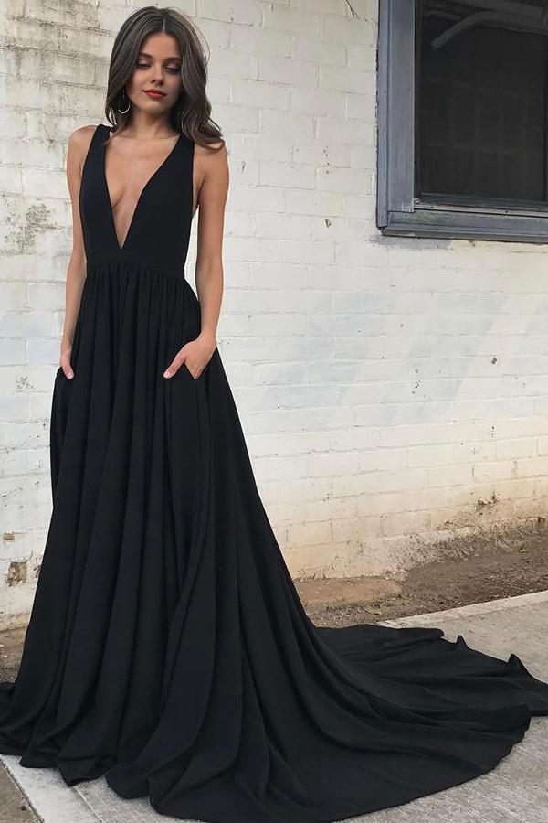 Weitese Dress Simple Black Chiffon Backless Deep V Neck A line Long Prom Dress