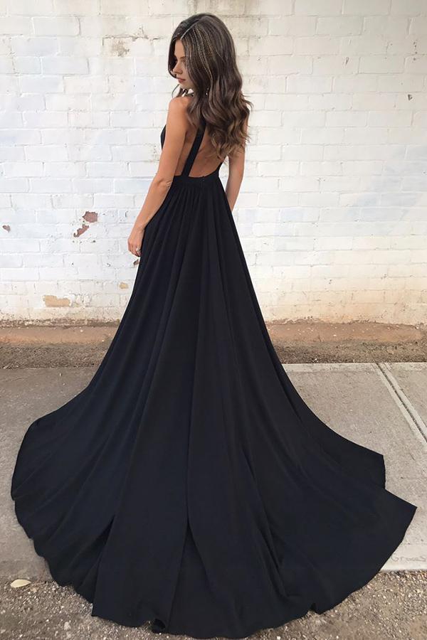 Weitese Dress Simple Black Chiffon Backless Deep V Neck A line Long Prom Dress