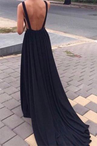 Weitese Dress Simple Black Chiffon Backless Deep V Neck A line Long Prom Dress