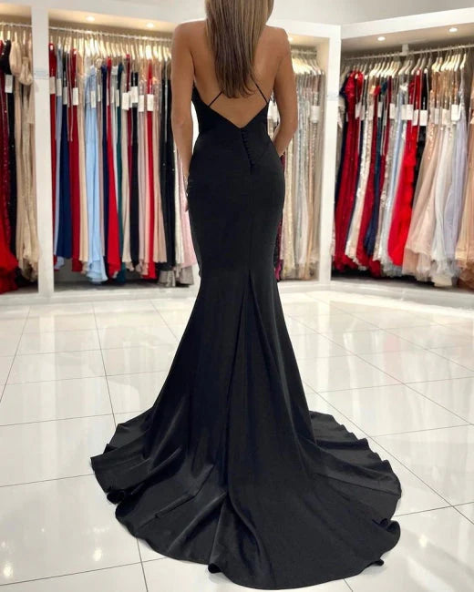 Weitese Dress Simple Black Long Spaghetti Straps Mermaid Prom Dresses
