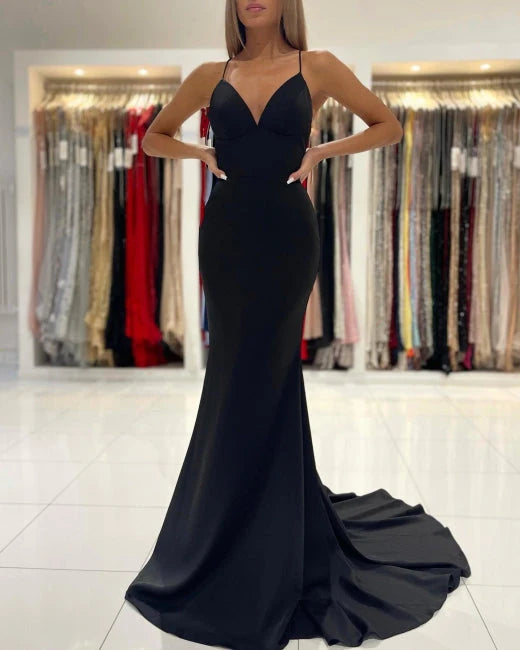 Weitese Dress Simple Black Long Spaghetti Straps Mermaid Prom Dresses