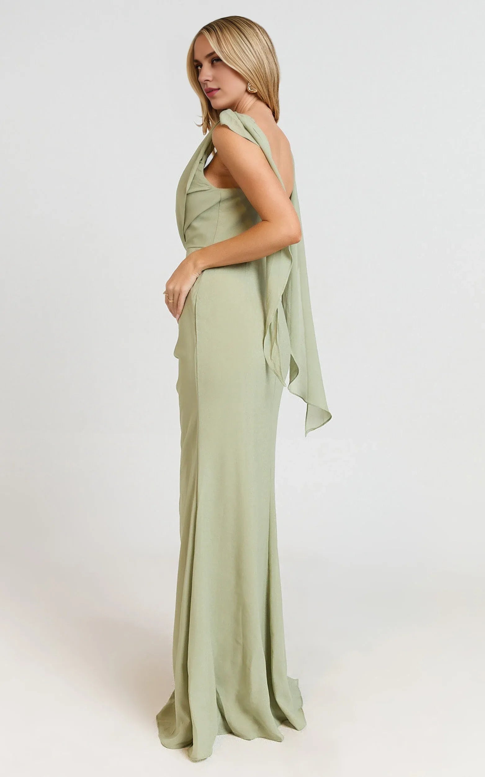 Weitese Dress Simple Cowl Neck Scarf Maxi Dress Solid Color Sage Sleeveless Backless Party Evening Dress With Slit