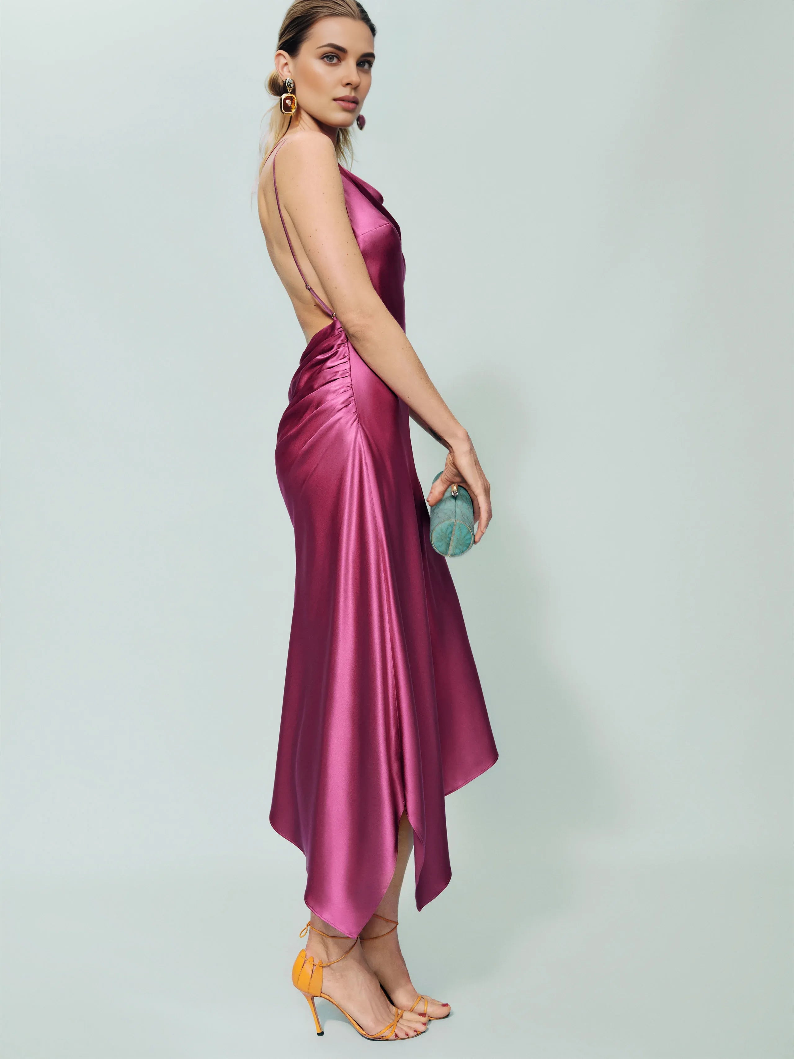 Weitese Dress Simple Cowl Neck Sleeveless Mermaid Prom Dress Midi Dress Backless Asymmetrical Hem Evening Dress