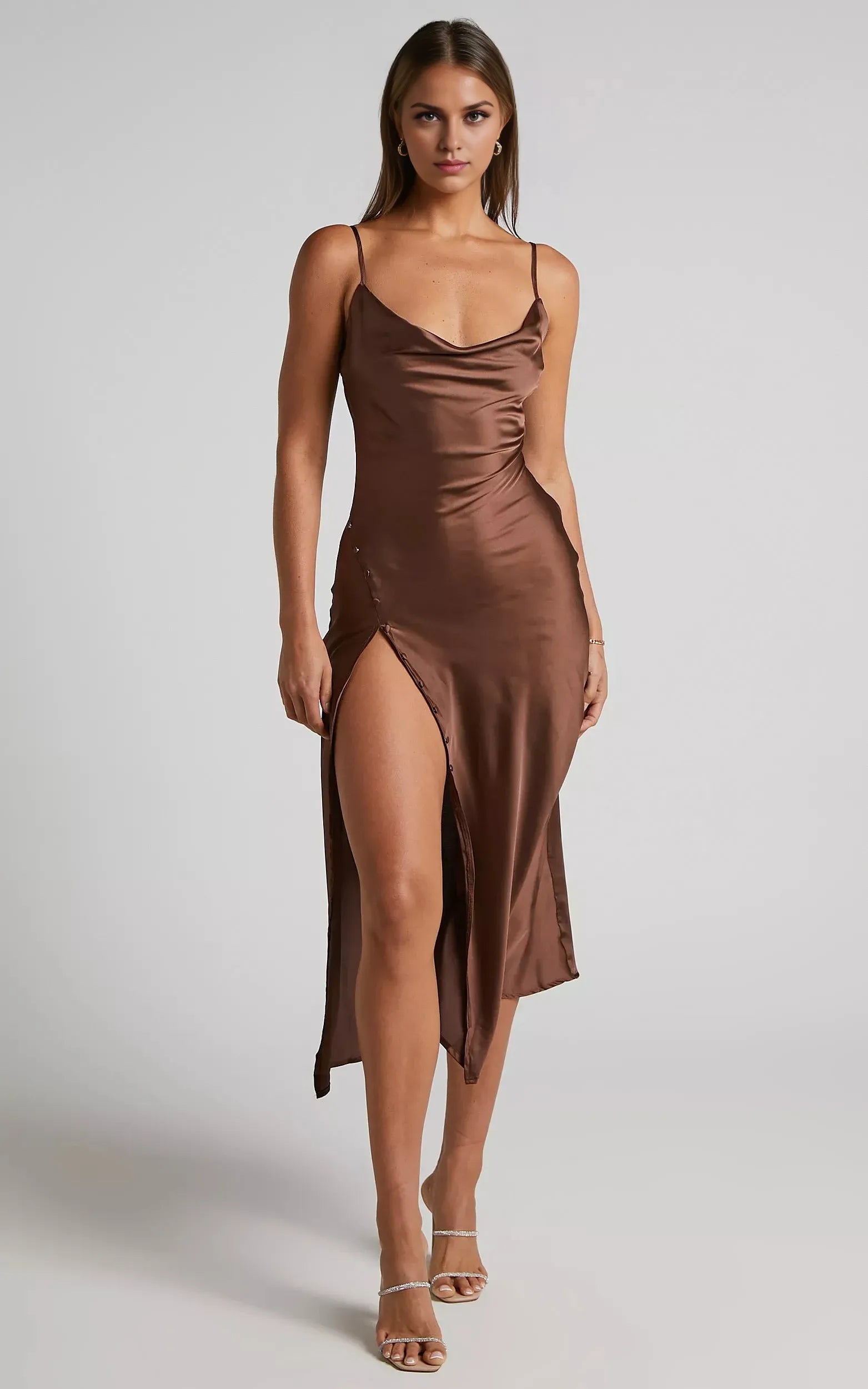 Weitese Dress Simple Cowl Neck Thigh Slit Slip Chocolate Midi Dress Spaghetti Straps Solid Color Sleeveless Party Evening Dress