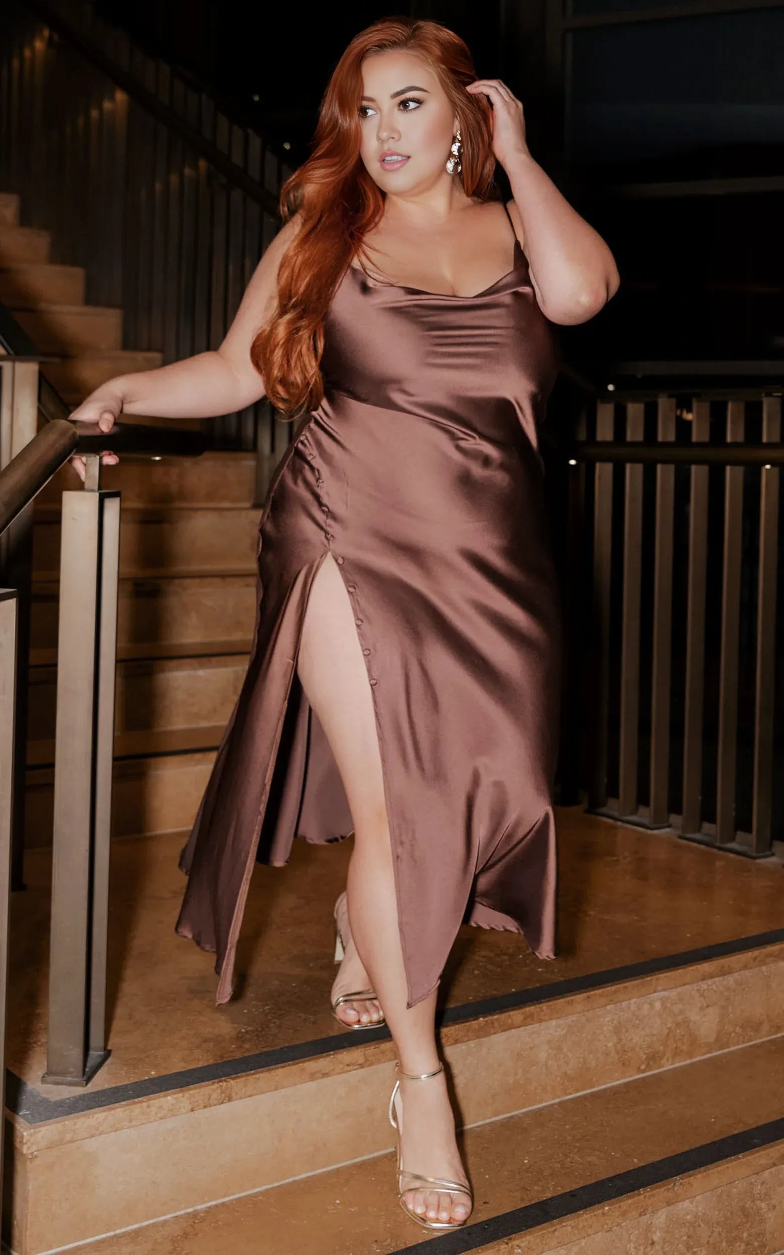 Weitese Dress Simple Cowl Neck Thigh Slit Slip Chocolate Midi Dress Spaghetti Straps Solid Color Sleeveless Party Evening Dress